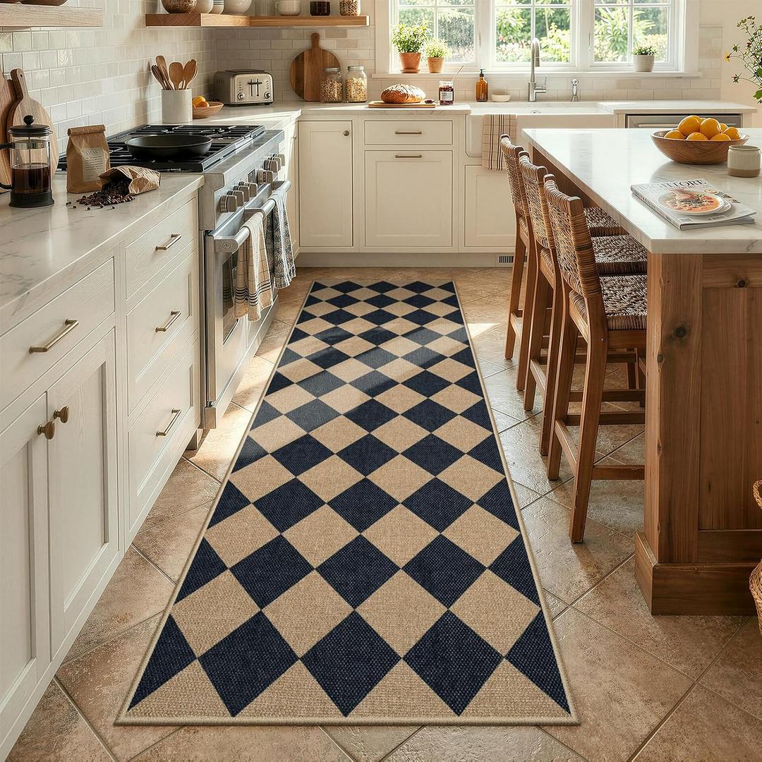 Lahome Colette Checkered Easy Jute Runner Rug, 2x8 Hallway Kitchen Runner Rug Non Slip Washable Outdoor Carpet for Entryway Indoor, Checkerboard Black Indoor Outdoor Carpet for Hallway 8ft Entry 2'6" x 8' (Runner), Black/Checkerboard -2