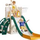 6 in 1 Toddler Slide,Kids Climber Slider for Indoor Outdoor Playground with Basketball Hoop,Storage and Telescope,L Shaped Slide for Toddler Climber Playset (Green)