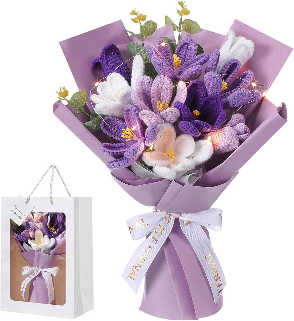 Mothers Day Crochet Flowers Bouquet Gift Completed Handmade Knitted Flowers with LED Lights Tulips Bouquet Gift for Mother Day Women Birthday Graduation Wedding Home(Purple)