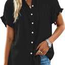 MASCOMODA Womens 2026 Button Down Shirts Ruffle Short Sleeve Loose Summer Tops Dressy Casual V Neck Business Work Blouses(Black, XX-Large)