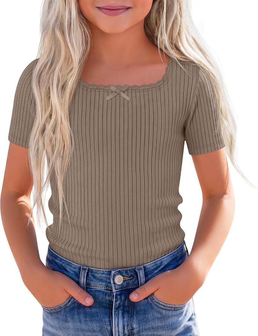 Xaatren Girls Square Neck Short Sleeve T-Shirt | Ribbed Knit, Square Neck, Short Sleeve, Lace Trim, Slim Casual Fit, Summer Basic Tee, Girls' Sizes 5-14 Years