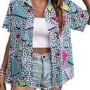 80s 90s Outfits for Women Retro Theme Party Disco Shirt 80s Hawaiian Shirt Neon Button Down Short Sleeve Blouse Tops