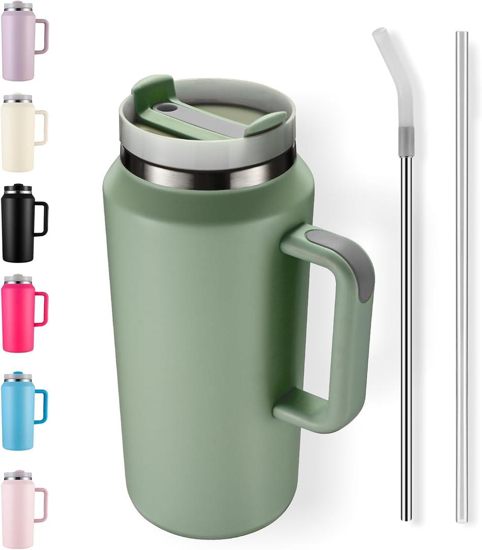 64oz Insulated Tumbler with Handle, Stainless Steel Double Wall Vacuumn Water Bottle, Lid and Straw for School, Gym, Hiking & Camping, Green