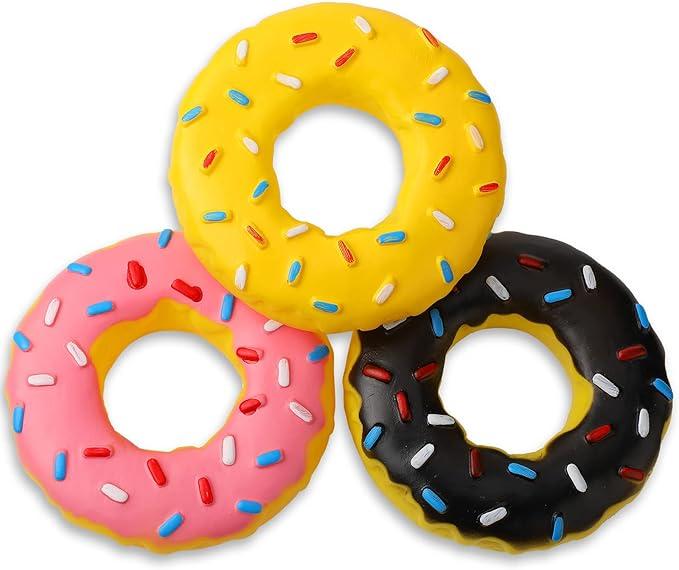 Leitee 2 Pieces 5.3 Inch Assorted Donut Dog Chew Toy with Squeakers Rubber Dog Toy Pink Yellow Black for Interactive Play Small to Medium Dogs Puppy Aggressive Chewers, Yellow and Pink