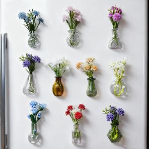 10-Pack Mini Vase Magnets for Fridge with 10 Flowers, Cute Fridge Magnets, Mini Glass Vases with Magnet for Real Flowers, Cute Office Decor for Refrigerator, Locker, Kitchen, Gift Idea