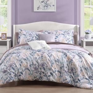 CASAAGUSTO King Comforter Set, 7 Pieces Bed in a Bag King Purple Iris Floral Comforter Set with Flowers Leaves Pattern, Soft Seersucker Design All Season King Size Bedding Set