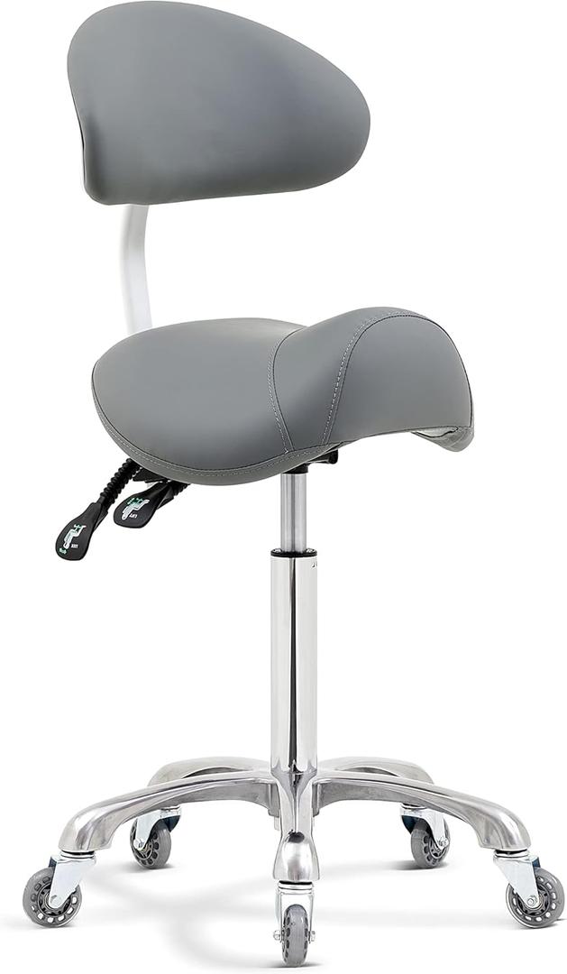 Antlu Saddle Stool Rolling Chair with Back Support,Esthetician Tattoo Dental Stool Chair,Lash Chairs for Eyelash Tech Massage Salon(Grey,with Backrest)