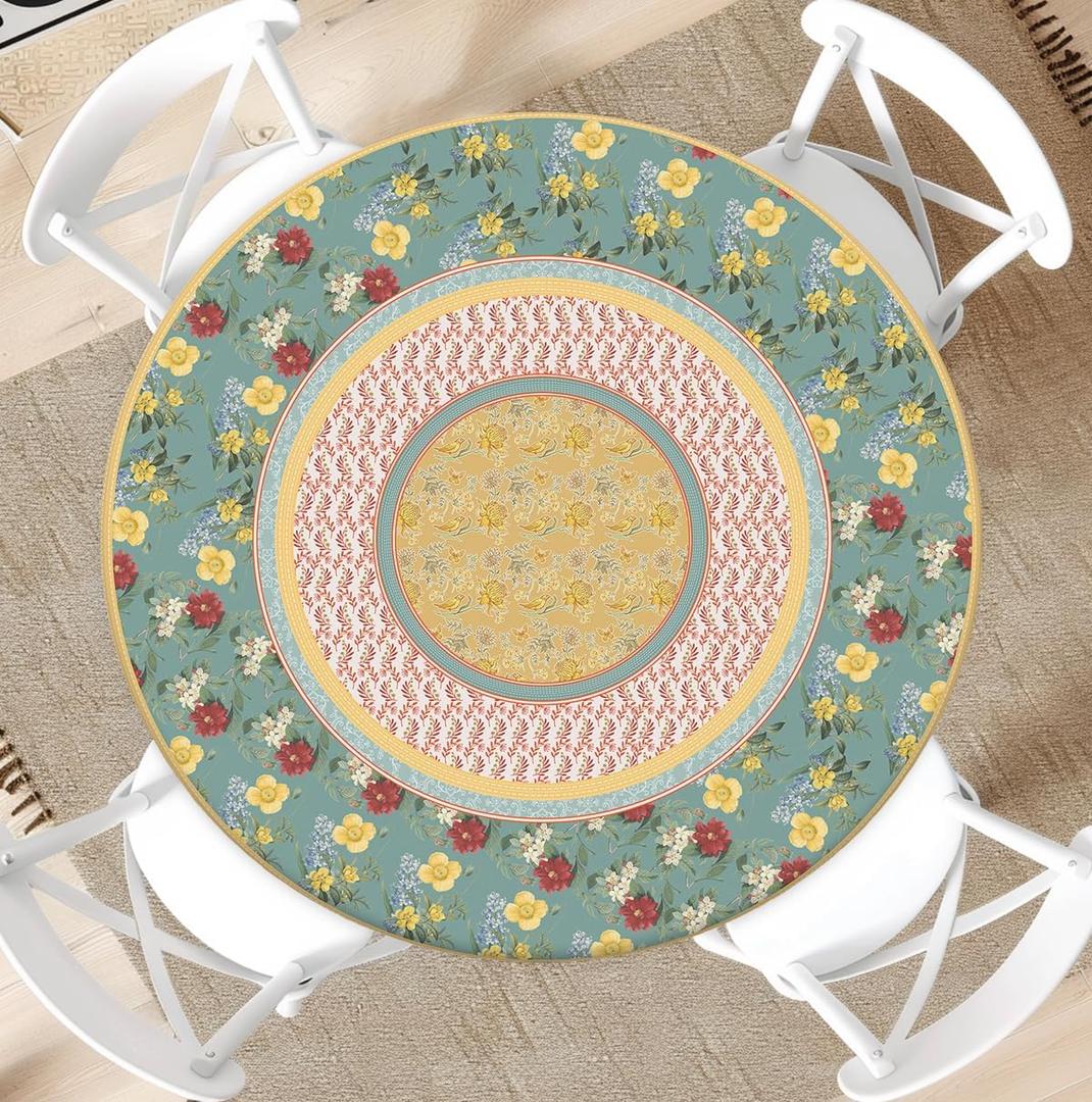 Waterproof Tablecloth with Elastic Tablecloth for Round Tables 36"-70" for Indoor Outdoor Patio Use, 36Inch, Retro Style Flower