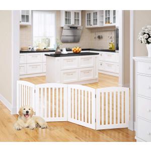 PAWLAND Wooden Freestanding Foldable Pet Gate for Dogs, 24 inch 4 Panels Step Over Fence, Dog Gate for The House, Doorway, Stairs, Extra Wide (White, 24" Height-4 Panels)