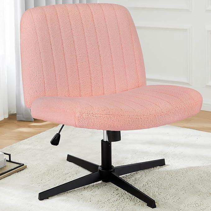 Armless Desk Chair, Criss Cross Chair No Wheels, Fabric Padded Desk Chair, Modern Swivel Height Adjustable Office Chair with Wide Seat for Home, Office, Make Up, Bed Room -Pink