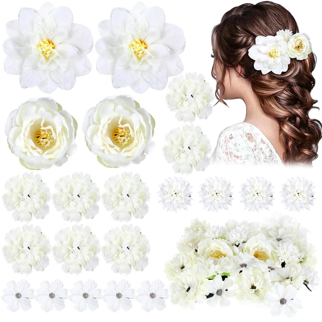BBTO 21 Pcs Flower Hair Clip Rose Hair Clips Barrettes for Women Flower Accessories Boho Bride Claw Clip Hairpin Brooch Pin Headpiece for Wedding (White)