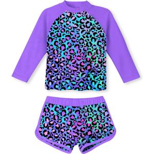TUONROAD Girls 2 Pieces Rash Guard Swimsuit Long Sleeve Tankini for 4-10 Years (Leopard-purple)