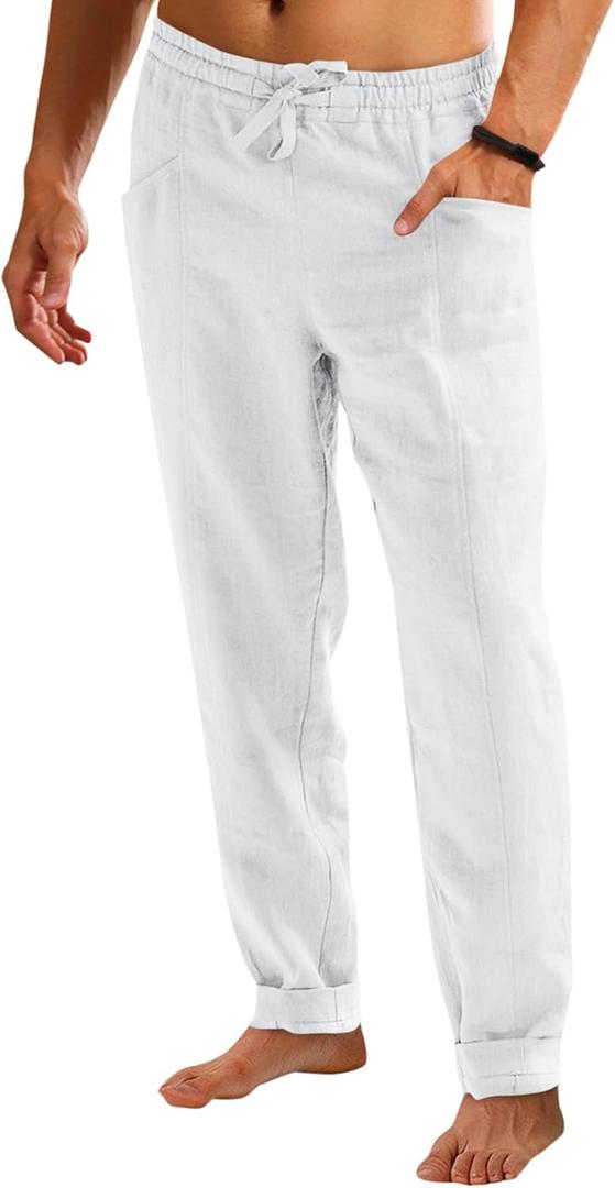 Runcati Mens Casual Pants Elastic Waist Drawstring Cotton Linen Pants Yoga Beach Summer Lightweight Trousers (L)