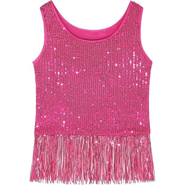 Noomelfish Girls Sequin Tank Tops Sparkly Glitter Dance Sleeveless Shirt (5-12 Years) (Hot Pink) XL