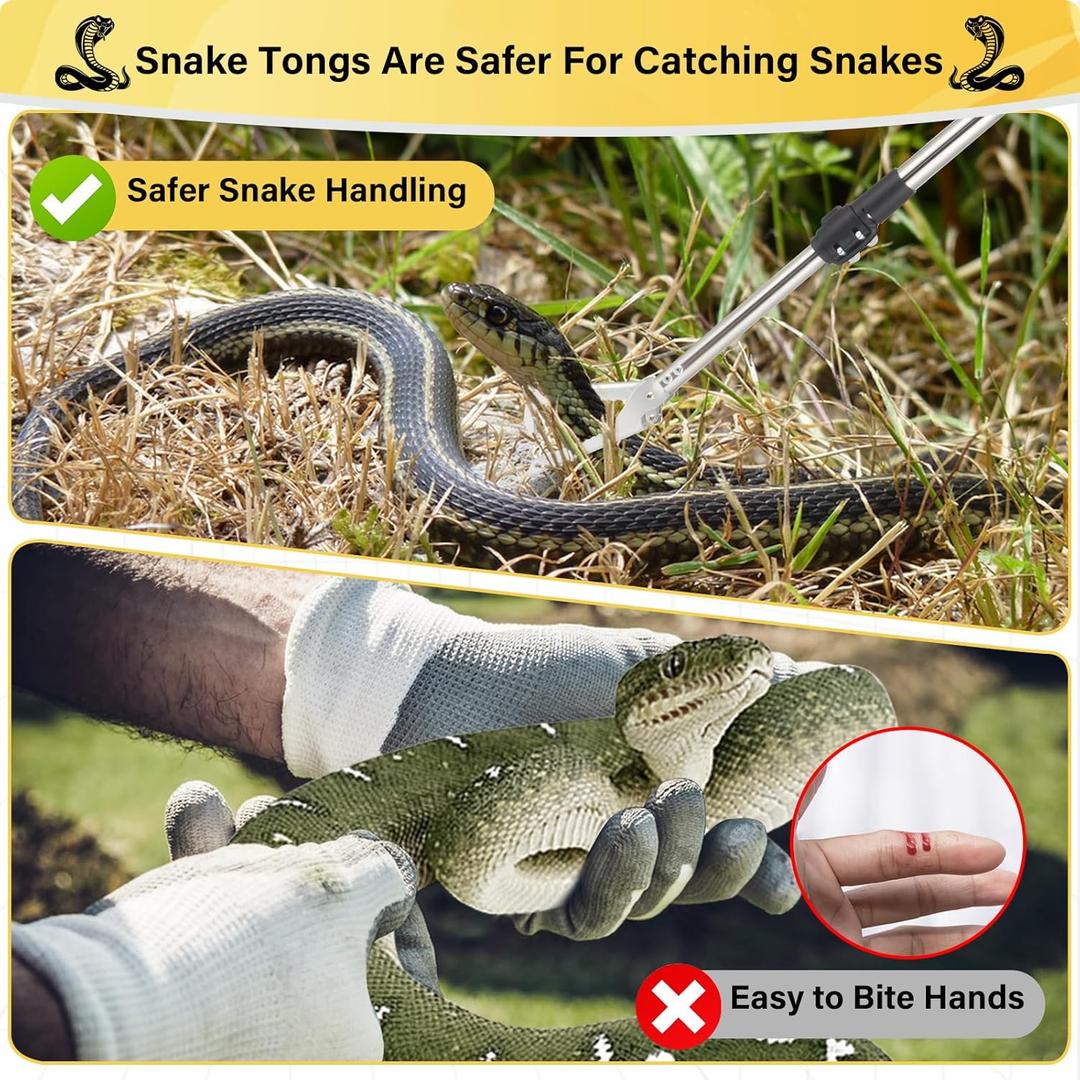 Snake Grabber Tool, 69" Snake Tongs Grabber for Rattlesnake Heavy Duty Professional Folding Snake Feeding Tongs Wide Jaw Snake Handling Tool Long Hndle Stainless Steel Tube Sponge Handle, Black/Yellow