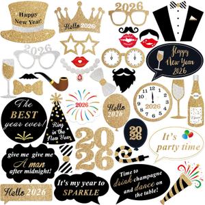 Katchon, Glitter New Years Photo Booth Props - Pack of 35 | NYE Photo Booth Props for New Years Eve Party Supplies 2026 | New Years Decorations 2026 | New Year Photo Props for NYE Decorations 2026