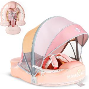 Mambobaby Baby Pool Float with Canopy, Non-Inflatable Infant Floats with Tail Solid Upgrade Soft Waterproof Skin-Friendly Mambo Baby Swimming Float for 3-24 Months Baby Boys Girls (Rainbow)