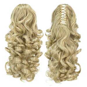 SWACC 12-Inch Short Screw Curls Claw Ponytail Extensions Synthetic Drawstring Curly Hairpiece Jaw Clip Hair Extension (Dark Honey Blonde/Bleach Blonde Mixed- 16/613)