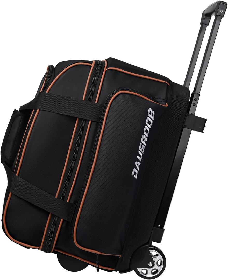 2 Ball Bowling Bag with Wheel,900D Oxford Waterproof PU,Dual Roller Bowling Bag with Sturdy Frame,Large Shoe Compartment Fits Up to Mens 16,Rolling Bowling Tote, Handle Extends to 39.5" (Black)