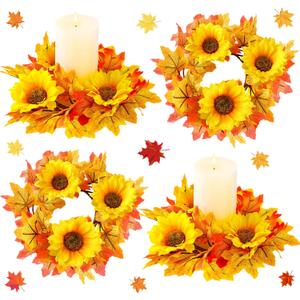 Panelee 4 Pcs Thanksgiving Fall Candle Rings Wreaths Thanksgiving Artificial Maple Leaf Candle Ring 5.12 Inch Autumn Sunflower Garland Holder for Pillar Mini Rattan Table Decor Centerpiece