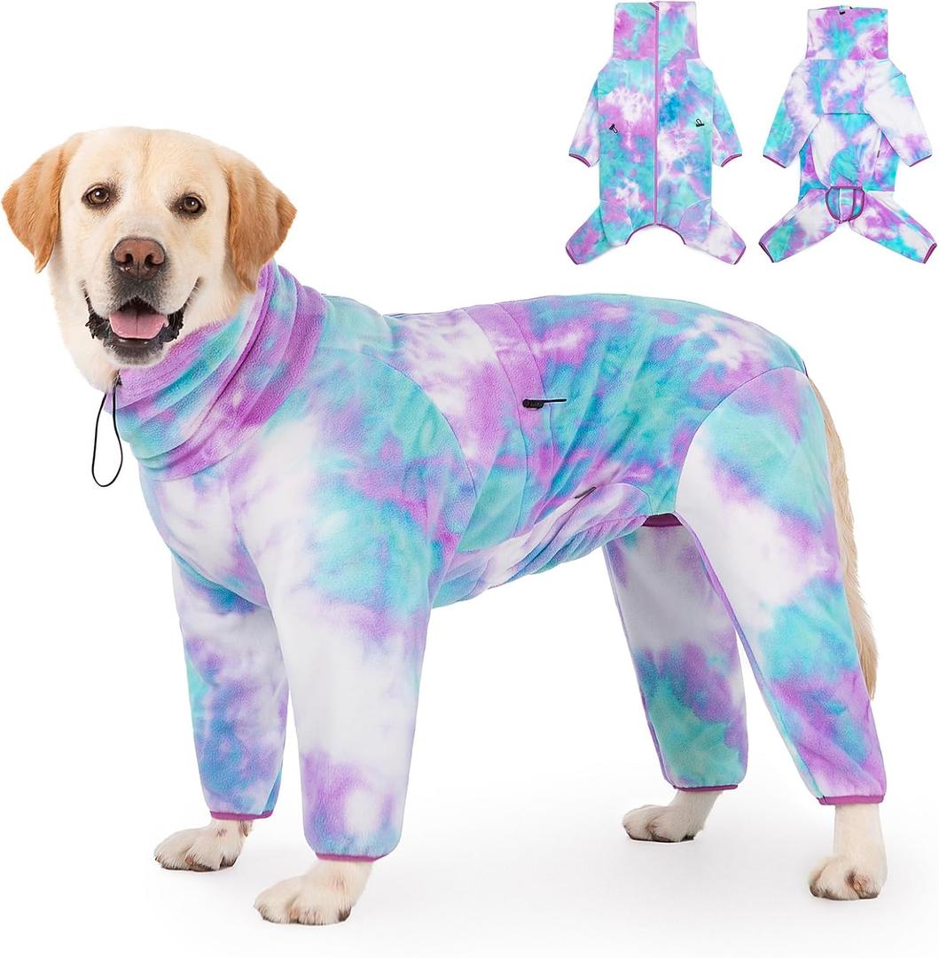 Dog Winter Coat for X-Large Dogs, Warm Fleece High Collar Full Body Dog Jumpsuit Comfortable Onesie Apparel (Purple Blue, X-Large) (Reference Weight 13-22 lbs)