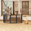 BHG Metal No-Assembly Freestanding Dog Gate with Door Walk Through, Extra Wide 144", Extra Tall 32" Pet Gate, Accordion Puppy Folding Playpen Dog Fence, with 2PCS Support (Black, 6 panesl)