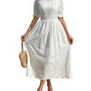 Midi Dress for Women Elegant Dresses Floral Eyelet Puff Sleeve Dress with Cinched Waist Casual Summer Party Dress White, Medium