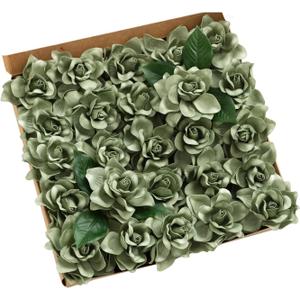 Ling's moment Flowers 25pcs Fake Gardenia Green Flowers Artificial Flowers with Stem, Fake Flower for DIY Wedding Decorations Centerpieces Bouquets BoutonnieresFlores Artificiales para Decoracion (Grn-olive Grove)