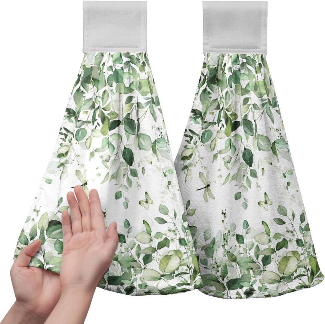 Eucalyptus Leaves Hanging Hand Towels Sage Green Leaf Kitchen Towels with Hanging Loop Spring Summer Floral Farmhouse Greenery Tea Dish Towels Soft Absorbent Fingertip Bath Tie Towels for Bathroom