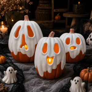 Halloween Decor - 8.5" H Resin Ghost Pumpkin with Flameless Candle for Indoor Outdoor - Cute Spooky Centerpieces Halloween Decorations for Tables Porch Yard Home Front Door Mantel