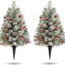 2 Pack Outdoor Christmas Tree 24 INCH, Flocked Christmas Tree with 50 LED Lights, Prelit Small Xmas Tree with Berries and Pine Cones, Pre-Decorated Snowy Xmas Tree for Pathway, Porch 1ft 6in, Snow 