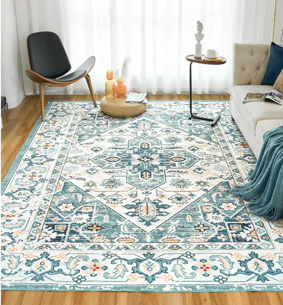 VK VK·LIVING Machine Washable Rug 9'x12' Vintage Design Washable Area Rugs with Non Slip Rugs for Living Room Bedroom Traditional Woven Carpet Stain Resistant Home Decor Boho Rug, Green&Beige