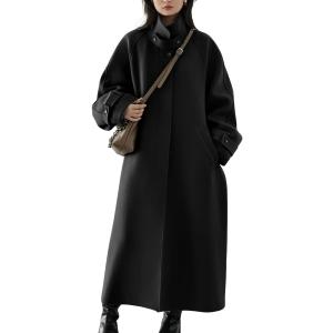 chouyatou Women's Winter Hidden Single Breasted Wool Coat Raglan Sleeve Business Long Wool Overcoat (Small, Black)