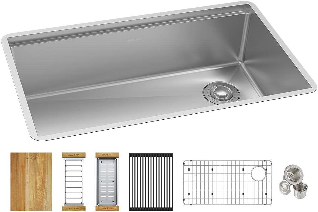 Elkay EFRU30169RTWC Crosstown 31-1/2" Undermount Single Basin Stainless Steel Kitchen Workstation Sink with Basin Rack, Basket Strainer, Colander, and Cutting Board - Stainless Steel (Polished Satin) Elkay EFRU30169RTWC Crosstown 31-1/2" Undermount Single Basin Stainless Steel Kitchen Workstation Sink with Basin Rack, Basket Strainer, Colander, and Cutting Board - Stainless Steel (Polished Satin)