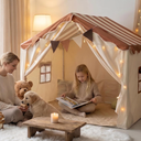 KetieStory Kids Play Tent Set – Portable Teepee Tent for Toddlers with Mat & Star Lights, Washable and Foldable Indoor Play House for Baby Aging 13 as Reading Nook & Room Decor