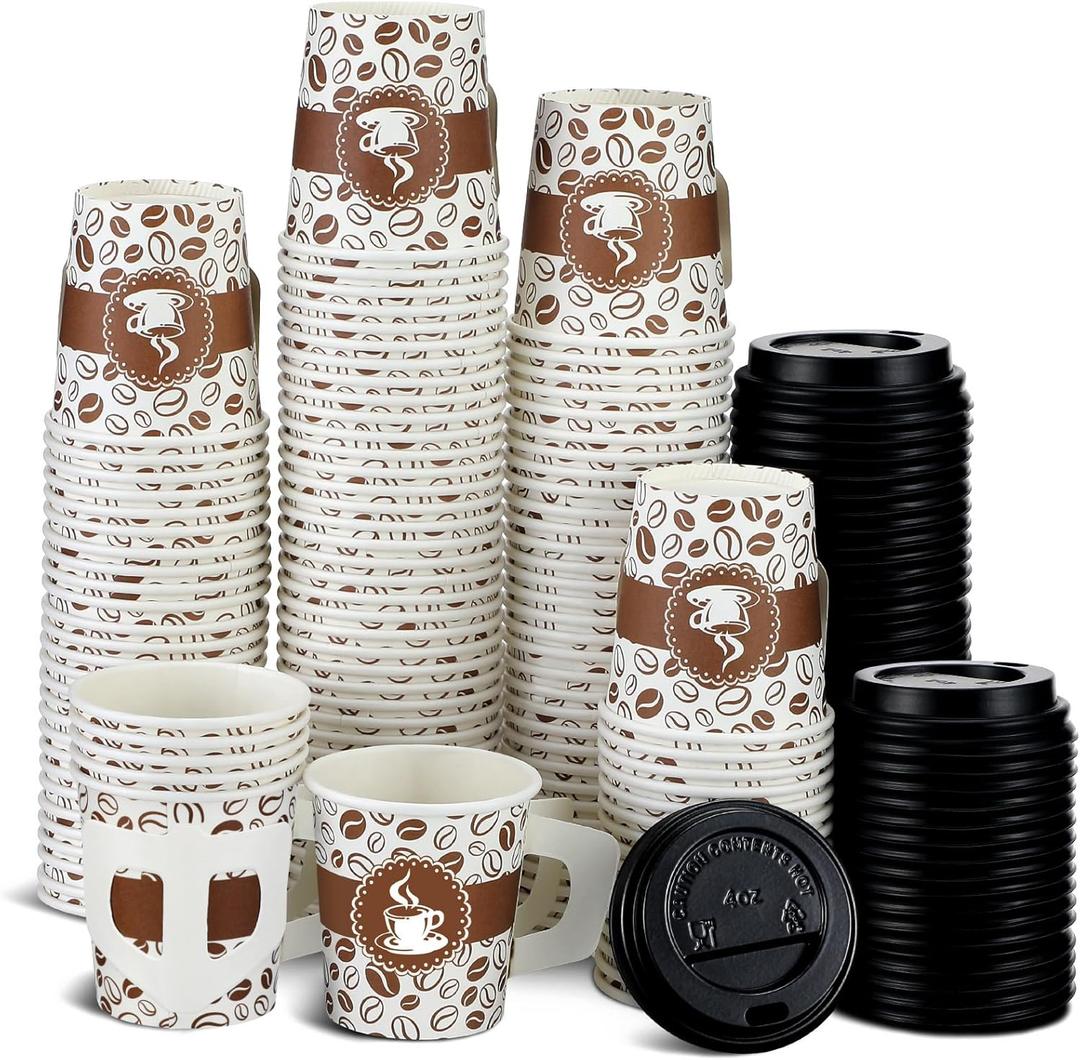 100 Set 4 oz Disposable Espresso Cups Bulk with Lids Wide Handles Small Printed Paper Disposable Coffee Cups for Hot Chocolate Tea Cocoa Wedding Party Restaurant Music Festival Home Office