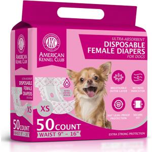 American Kennel Club Female Dog Wrap, Disposable Diapers with Wetness Indicator (XS (916 in), 50, Count) (Extra Small Waist Size 9 - 16 in)