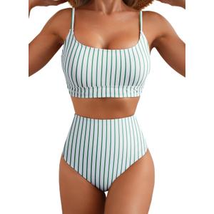 Herseas 2 Piece High Waisted Bikini Set for Women 2026 Spaghetti Straps Swim Top with Reversible Bottom Bathing Suit (Large, Green Stripe)