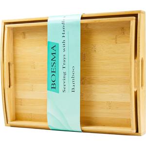 Set of 2 Bamboo Serving Trays with Handles, Wooden Breakfast Trays