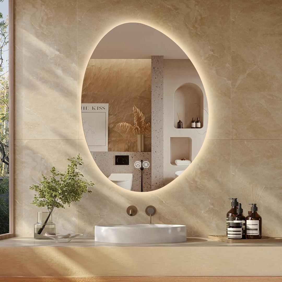 Irregular LED Bathroom Mirror with Lights, 32 x 24 Inch Asymmetrical Led Bathroom Vanity Mirror for Wall, Anti-Fog, Dimmable, Memory Function, Shatter-Proof, 3 Colors, Horizontal/Vertical (Irregular Oval Shape)