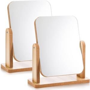 DEAYOU 2 Pack Vanity Mirror with Wood Stand, 360 Degree Rotation Makeup Mirror, Small Standing Swivel Cosmetic Mirror, Portable Wood Tabletop Mirror for Desk, Make Up, Gift, High-Definition