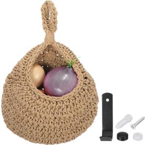 uxcell Hanging Fruit Baskets for Kitchen, Hand-Woven Wall Hanging Storage Jute Basket Teardrop Home Decor Storage for Garlic Potato Vegetable, Brown, M Size Light Brown