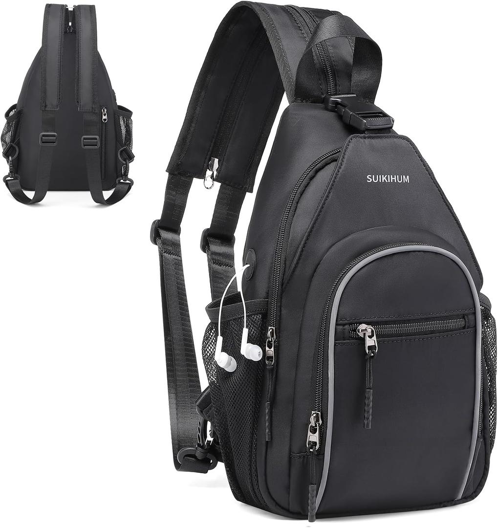 Crossbody Sling Bag with Water Bottle Holder, 8.3" Convertible Small Backpack Anti Theft Daypack, Chest Fanny Pack for Men Women, Black