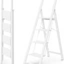 WOA WOA 4 Step Ladder, Ladders for Home, Anti-Slip Pedals, Aluminum Step Stool Foldable, Lightweight to Move, Ease of Storage, Reach 9ft for Closet Kitchen Library, Hold 300lbs - White