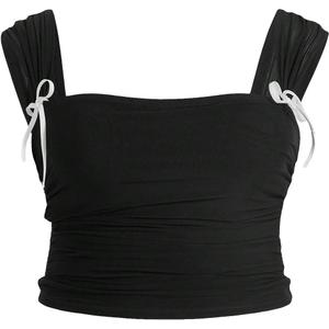 OYOANGLE Women's Plus Size Bow Decor Square Neck Sleeveless Ruched Strap Crop Tank Tops (Black)