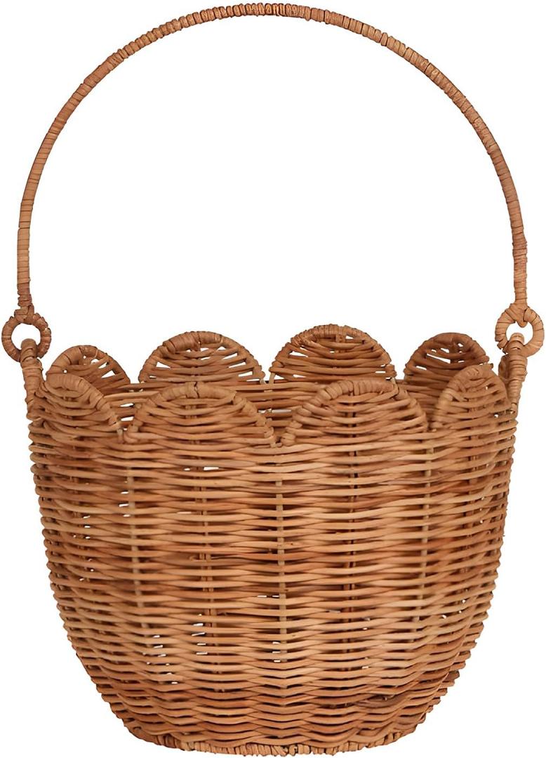 Scalloped Basket, Scalloped Edge Round Basket with Handle, Wicker Baskets for Storage, Hand Woven Shelf Baskets for Bathroom, Bedroom Organizing (Natural Rattan A)