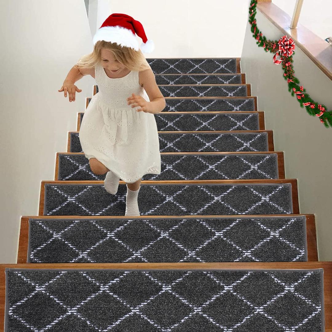BEQHAUSE Stair Treads for Wooden Steps Non Slip Machine Washable Stair Runner Soft Polyester Stair Rugs 28inX9in for Elders,Kids and Dogs with Self-Adhesive Backing 15pcs,Dark Grey