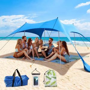 Beach Canopy Tent with UPF50+ Protection Sun shelter Portable Camping Tents 12X12FT Include Beach Blanket Phone Case with Sandbags Poles Anti-Wind Ropes for Beach Camping Backyard Picnics