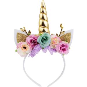 Nishine Unicorn Horn Floral Headband Glitter Ears Pony Head Bands Tiara for Girls Party Birthday Cosplay (Gold&mint)