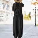 YESNO Jumpsuits for Women Casual Floral Boho Cropped Drawstring Rompers Short Sleeve Button Down One Piece Outfits PJ0 (M)